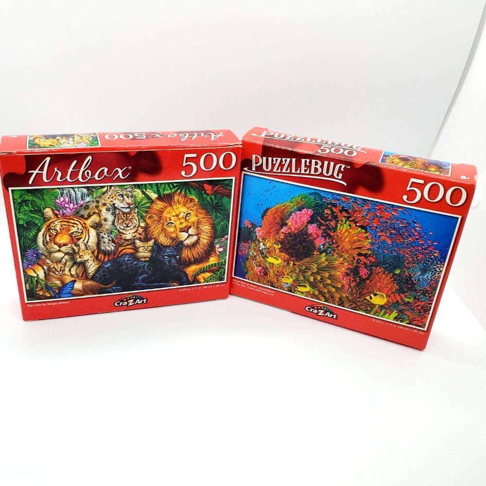 Cra-Z-Art Puzzlebug (2) 500 Piece Jigsaw Puzzles Great Barrier Reef & Big Cats